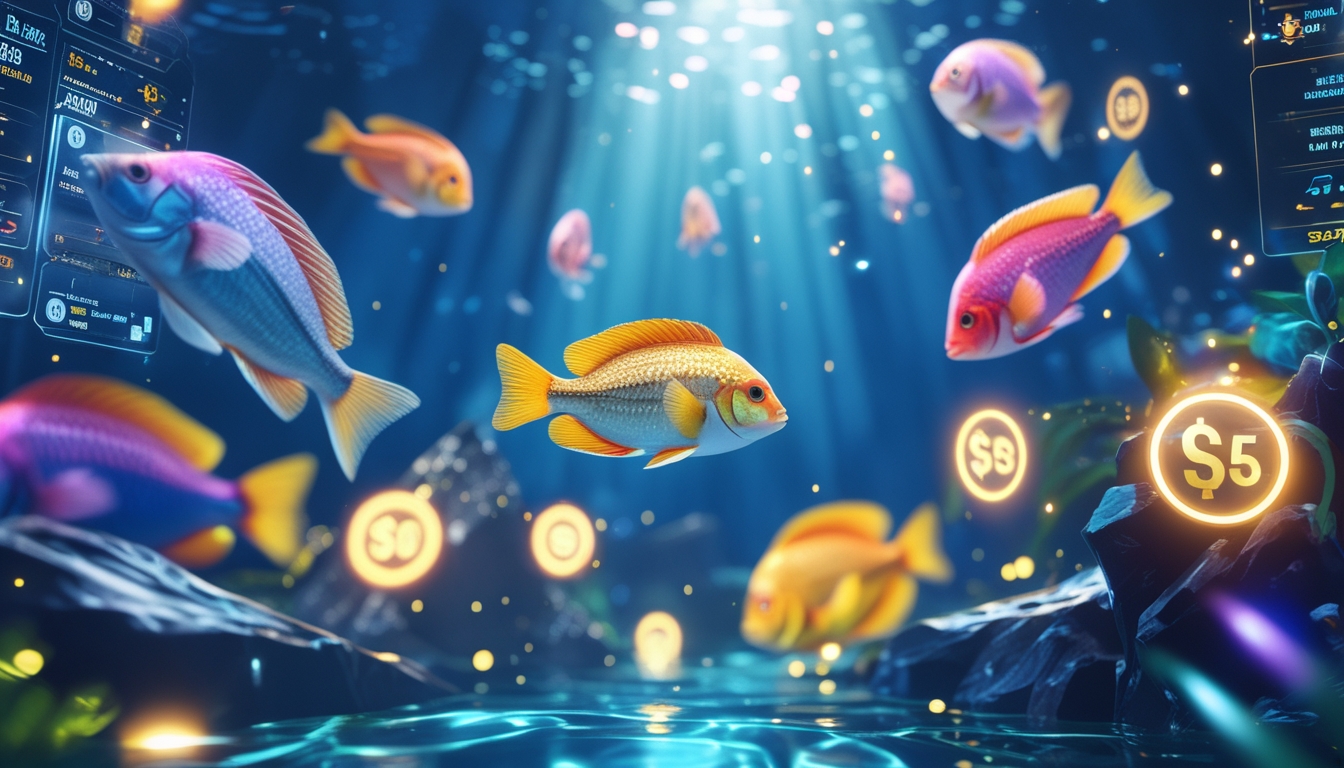 Pemandangan bawah laut dengan ikan warna-warni dan efek digital yang menunjukkan suasana permainan tembak ikan online dengan grafik tinggi dan hadiah jackpot.