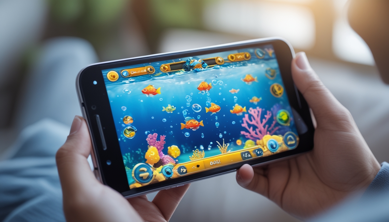 Seseorang memegang ponsel Android yang menampilkan permainan ikan tembak dengan latar bawah laut berwarna-warni.