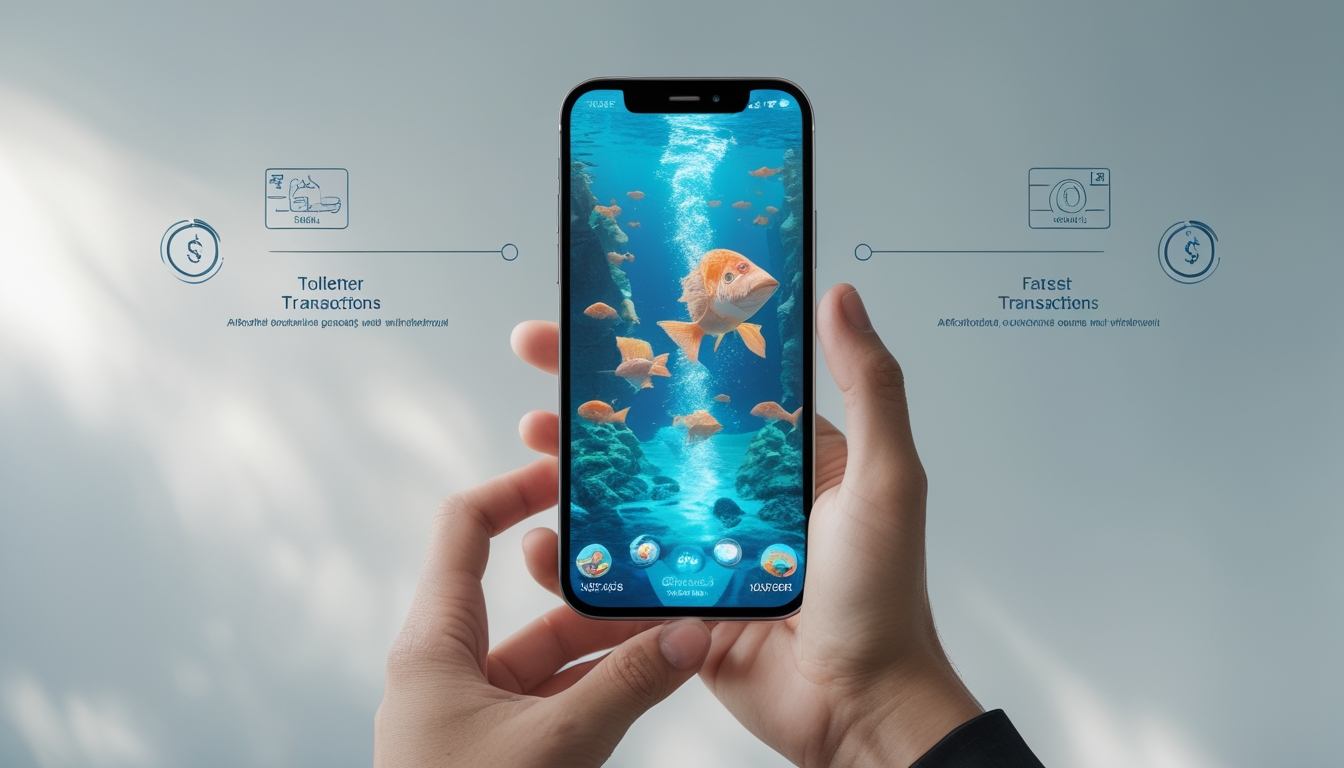 Seseorang memegang ponsel yang menampilkan permainan ikan dengan latar bawah laut dan ikon transaksi keuangan di sekitarnya.