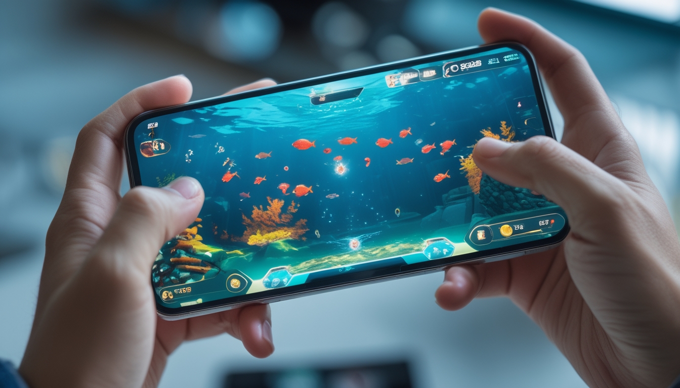 Seseorang memegang ponsel yang menampilkan permainan menembak ikan dengan latar belakang bawah laut yang berwarna-warni.