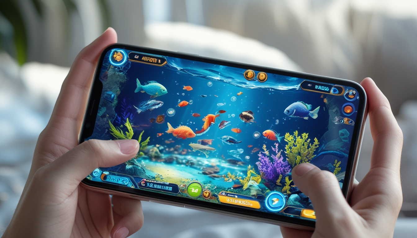 Seseorang memegang ponsel Android yang menampilkan permainan tembak ikan dengan latar bawah laut berwarna-warni.