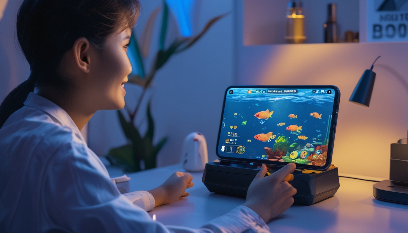 Seorang pemain muda Indonesia sedang bermain game tembak ikan di ponsel Android di meja dengan latar belakang ruangan rumah yang nyaman.