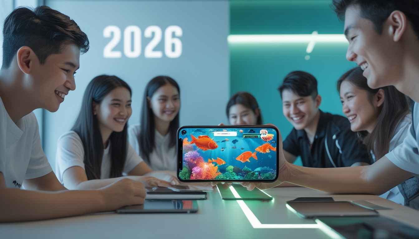 Sekelompok pemain muda Indonesia sedang bermain game tembak ikan di ponsel Android dengan latar ruangan modern dan pencahayaan terang.