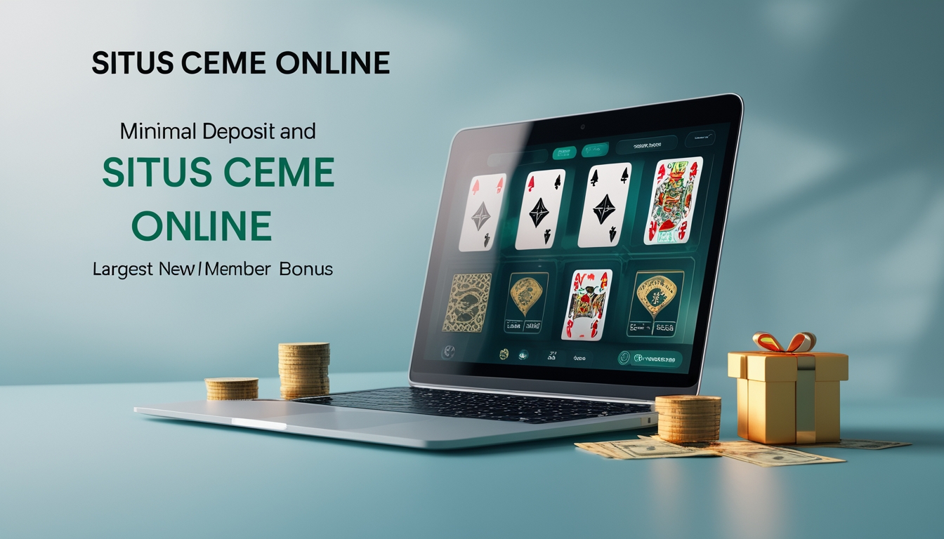 Seorang pria menggunakan laptop dengan tampilan permainan kartu digital di layar, dikelilingi oleh koin dan simbol bonus di meja.