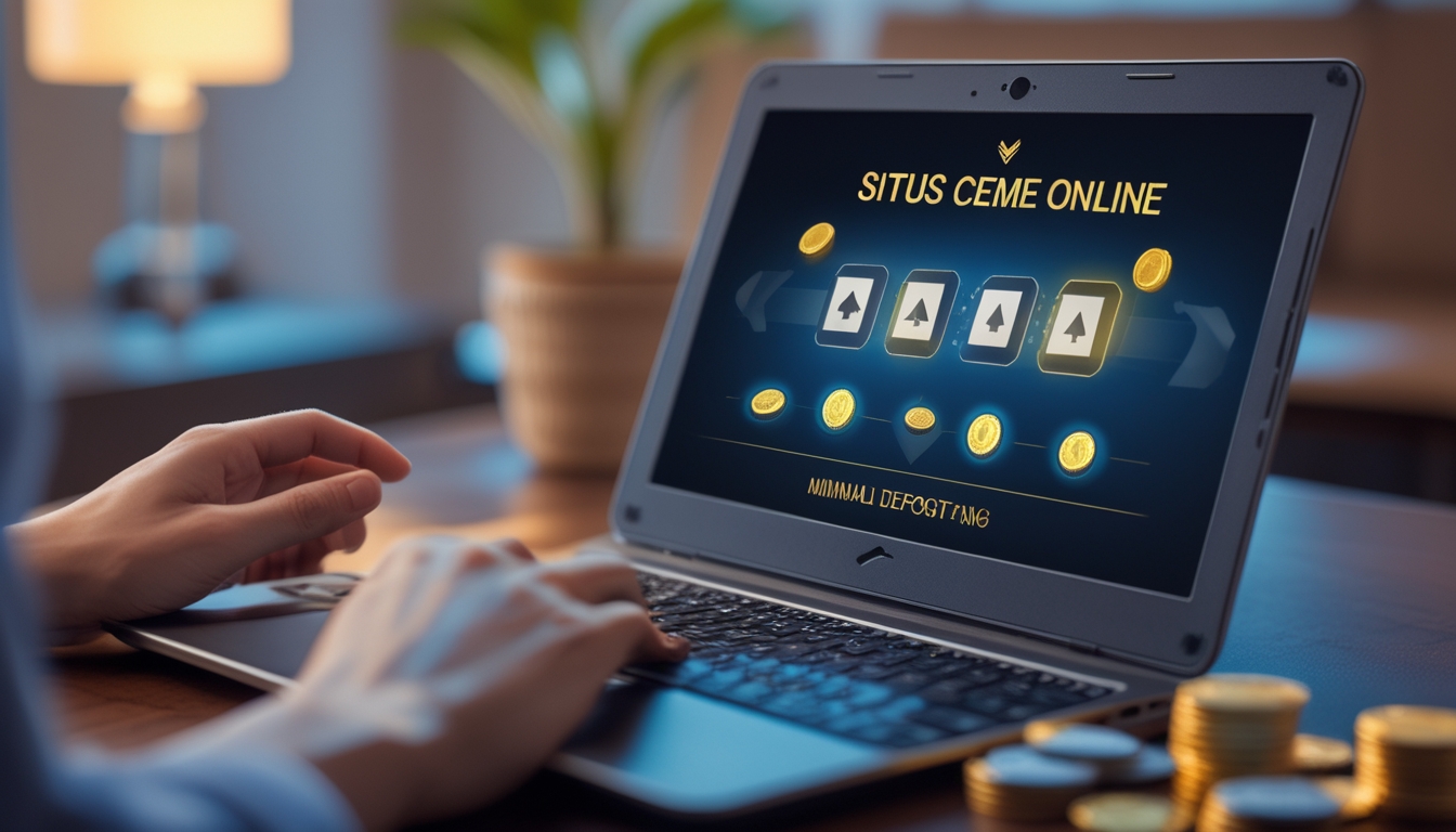Tangan seseorang menggunakan laptop dengan tampilan permainan kartu digital di layar dalam ruangan yang terang dan nyaman.
