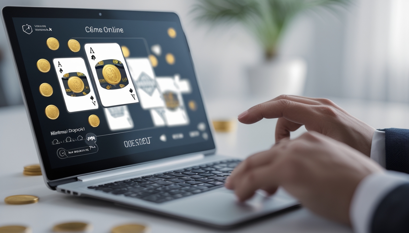 Seseorang menggunakan laptop atau ponsel untuk bermain permainan kartu online dengan tampilan bersih dan minimalis.