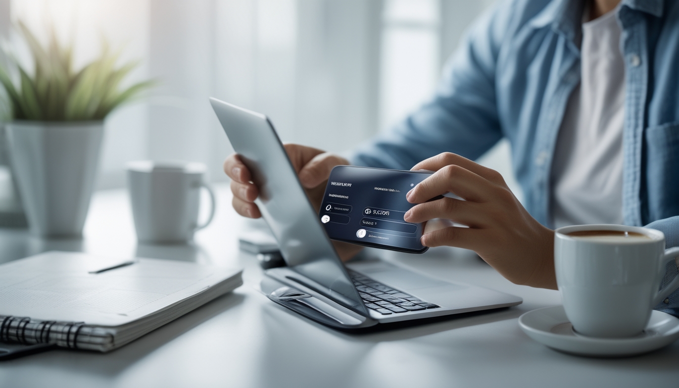 Seseorang menggunakan laptop atau ponsel pintar untuk mendaftar layanan keuangan online dengan meja kerja yang rapi dan terang.