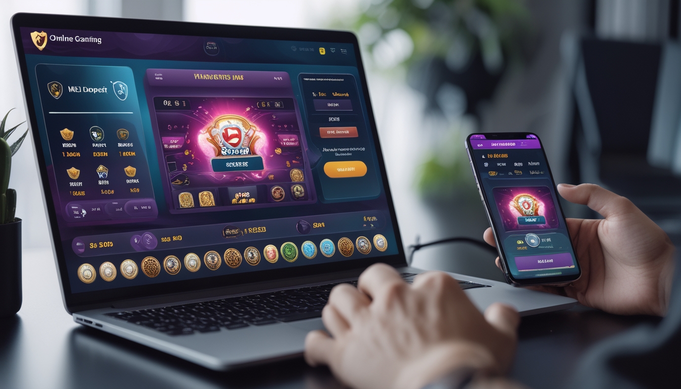 Seorang pengguna sedang bermain game kartu online di laptop dan ponsel di meja kerja yang rapi dengan simbol keamanan di latar belakang.
