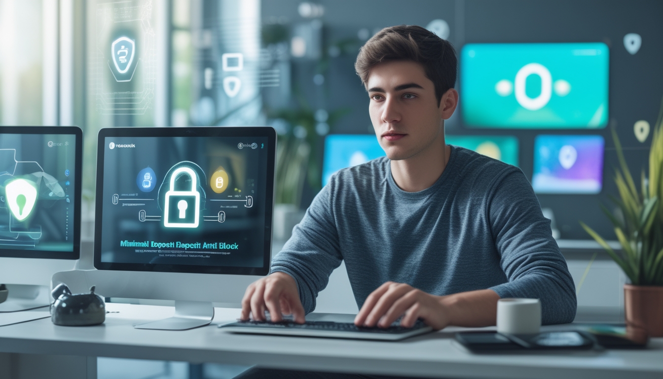 Seorang dewasa muda menggunakan laptop di meja kerja dengan beberapa layar menampilkan grafik digital dan simbol keamanan, menggambarkan platform permainan online yang aman dan terpercaya.