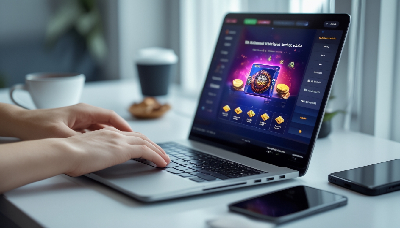 Seseorang menggunakan laptop di meja kerja dengan tampilan permainan kartu online di layar, dikelilingi oleh smartphone dan cangkir kopi.