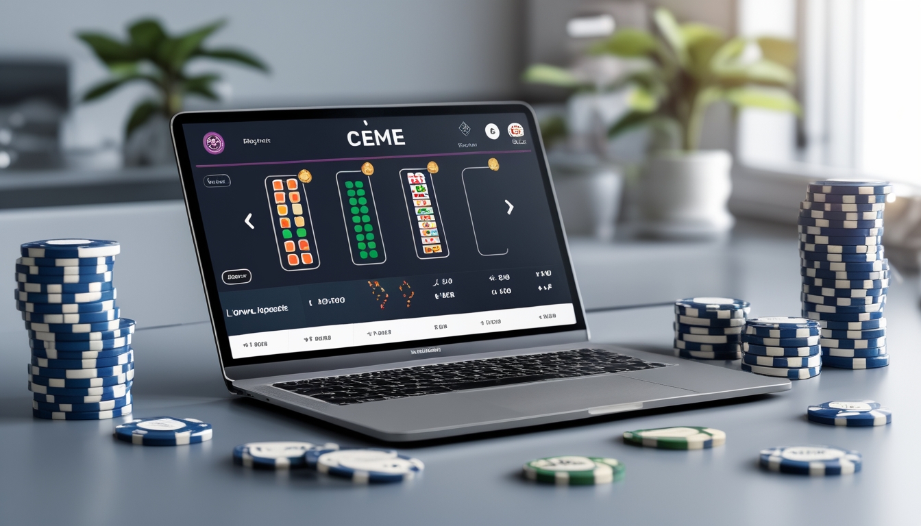 Seorang pemain menggunakan laptop di meja dengan permainan Ceme online dan beberapa chip judi serta domino di sekitarnya.