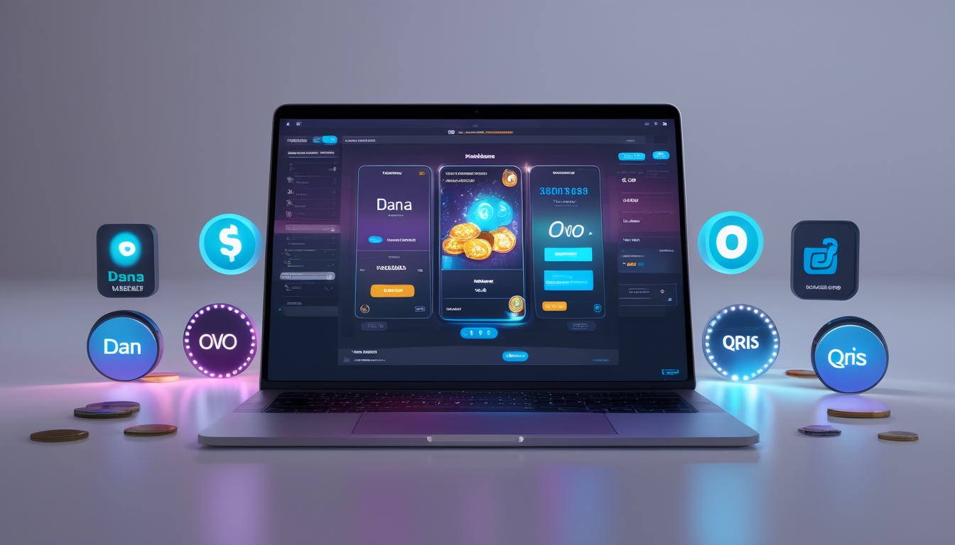 Layar perangkat digital menampilkan permainan kartu online dengan ikon pembayaran Dana, OVO, dan QRIS di sekitarnya.