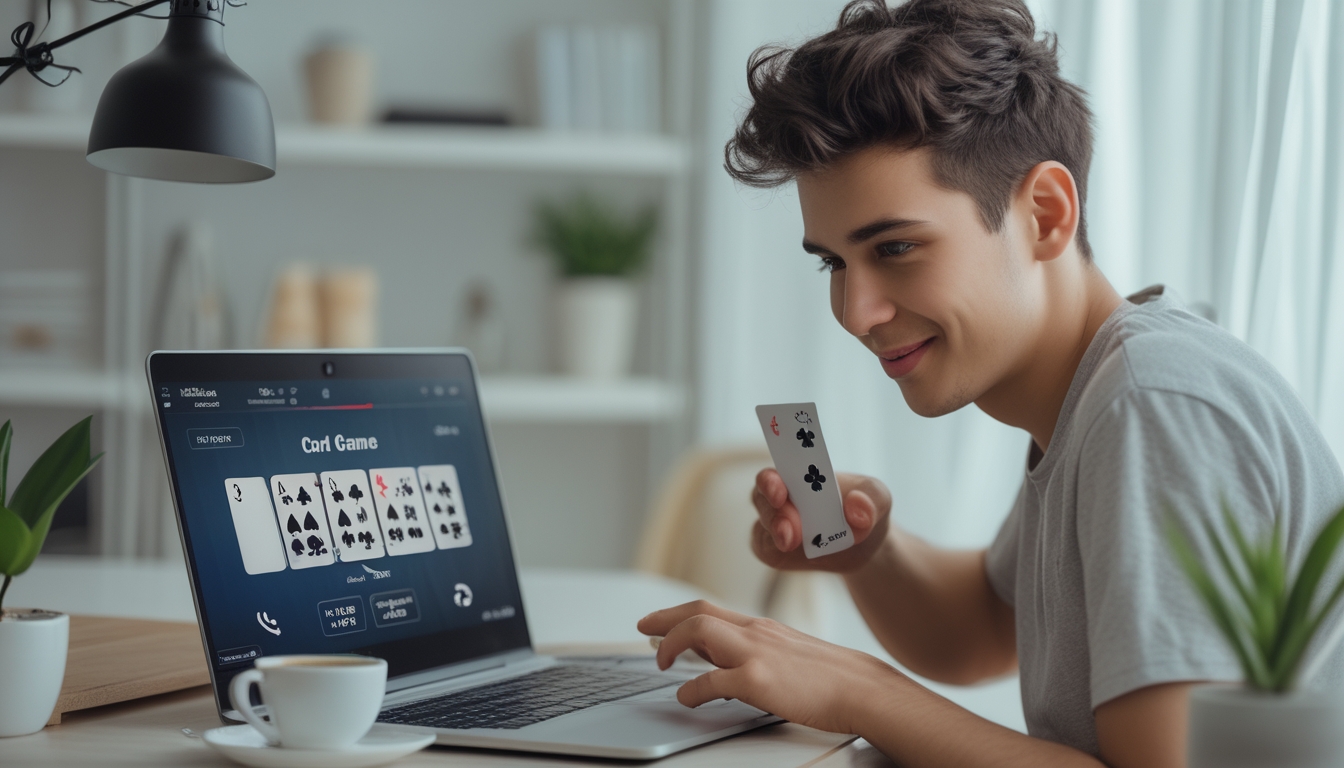 Seorang pemula bermain permainan kartu online di laptop dengan suasana ruang kerja yang nyaman dan rapi.