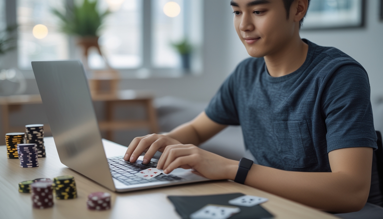 Seorang dewasa muda sedang bermain permainan kartu online di laptop di ruang tamu yang nyaman dengan cahaya alami.