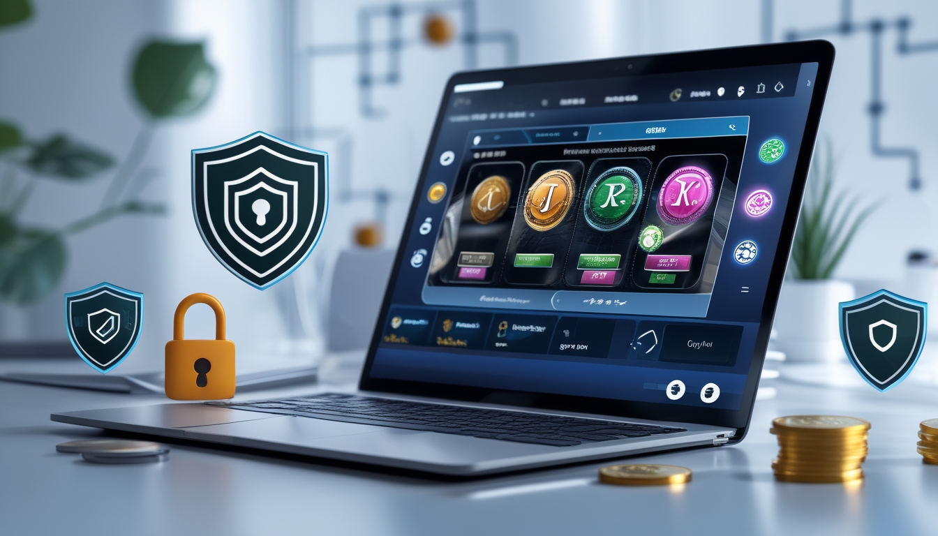 Sebuah ruang kerja digital dengan laptop yang menampilkan permainan kartu online dan simbol keamanan seperti gembok dan tumpukan koin kecil.