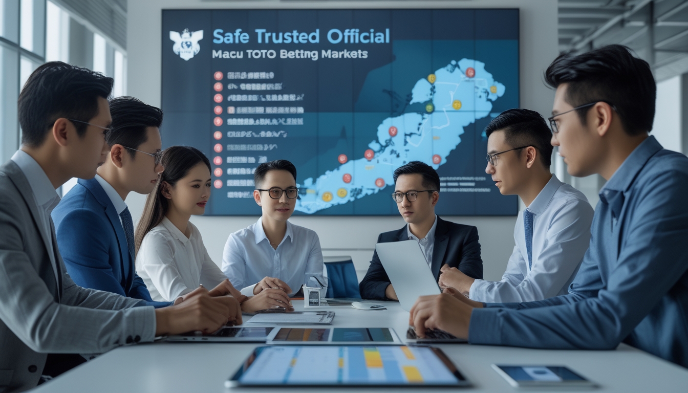 Sekelompok orang sedang berdiskusi di kantor modern dengan layar digital yang menampilkan peta Macau dan data terkait pasar taruhan resmi.