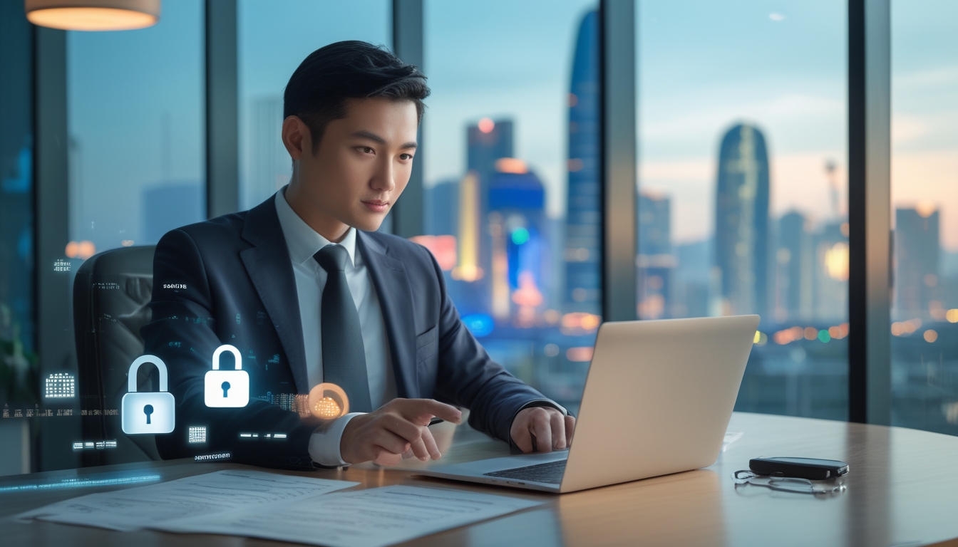 Seorang profesional sedang memeriksa platform taruhan online yang aman di kantor modern dengan latar belakang pemandangan kota Macau.