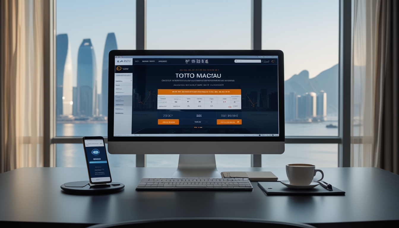 Meja kerja modern dengan komputer yang menampilkan situs taruhan Toto Macau, pemandangan kota Macau terlihat dari jendela di belakang.