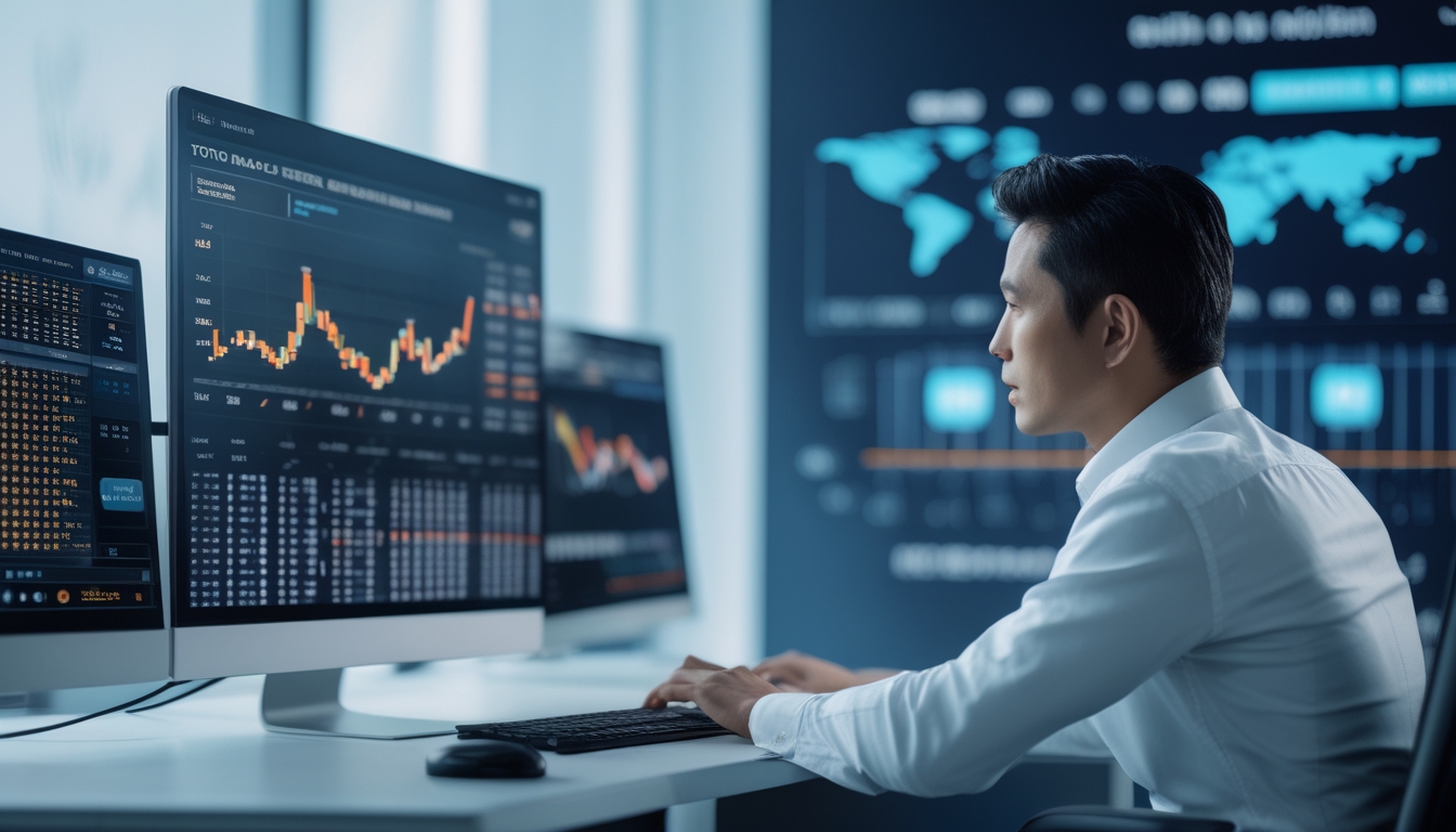 Seorang pria Asia di kantor modern menggunakan beberapa layar komputer yang menampilkan data dan grafik terkait sistem taruhan Toto Macau.