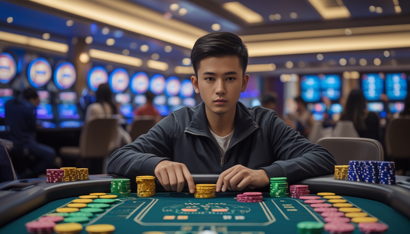 Seorang pemain pemula sedang duduk di meja permainan Bandar Toto Macau dengan chip taruhan dan kartu di depan, di dalam suasana kasino yang modern dan ramai.