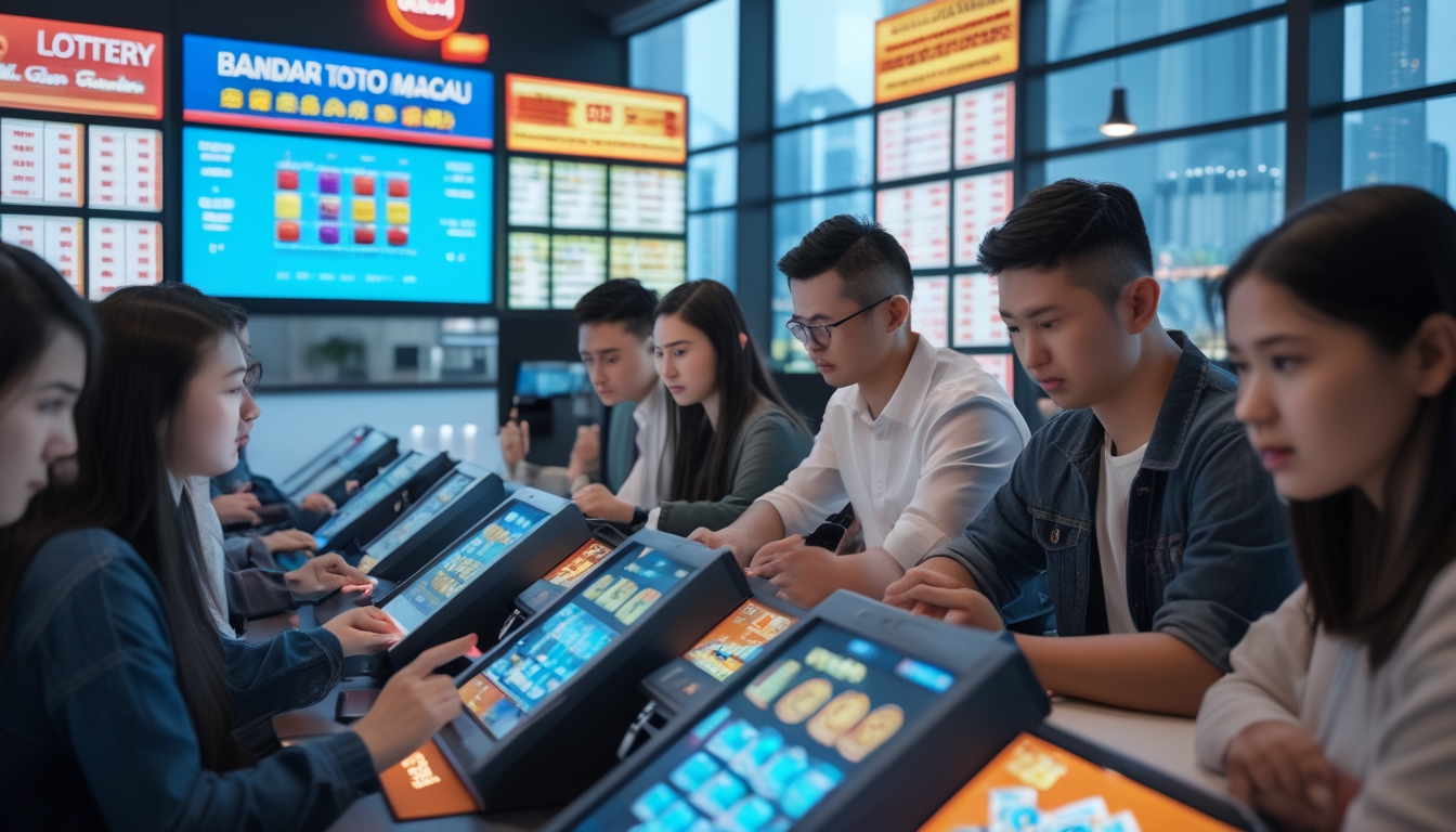 Beberapa orang muda sedang bermain dan berdiskusi tentang permainan Bandar Toto Macau di sebuah ruangan dengan layar digital dan tiket lotere.