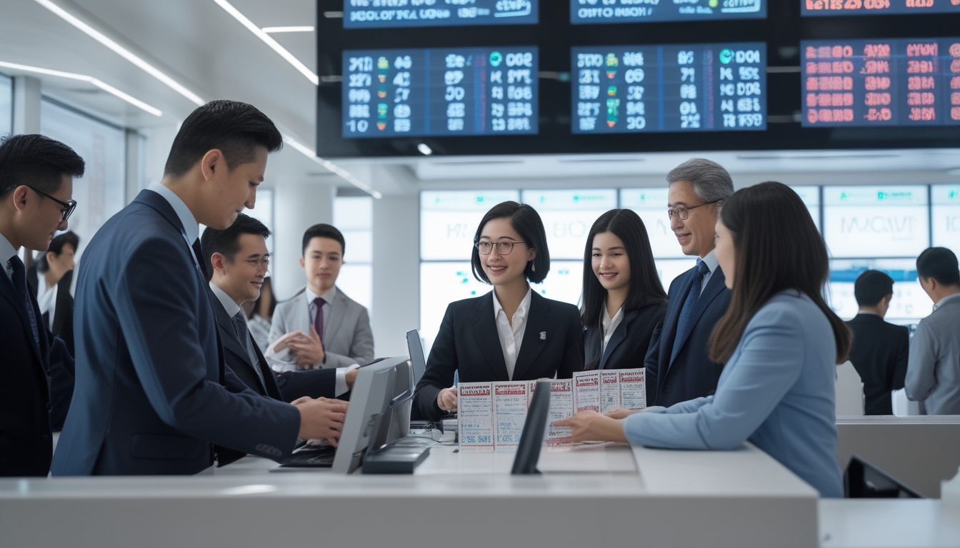 Suasana kantor bandar toto resmi di Macau dengan staf profesional membantu pelanggan di dalam ruangan yang terang dan rapi.