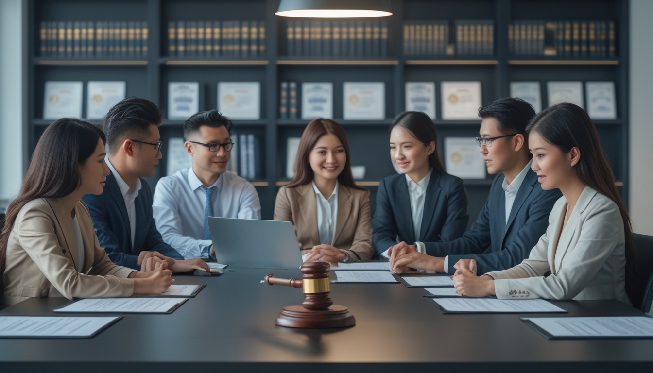 Sekelompok profesional bisnis sedang rapat di ruang kantor dengan dokumen dan simbol hukum di meja.