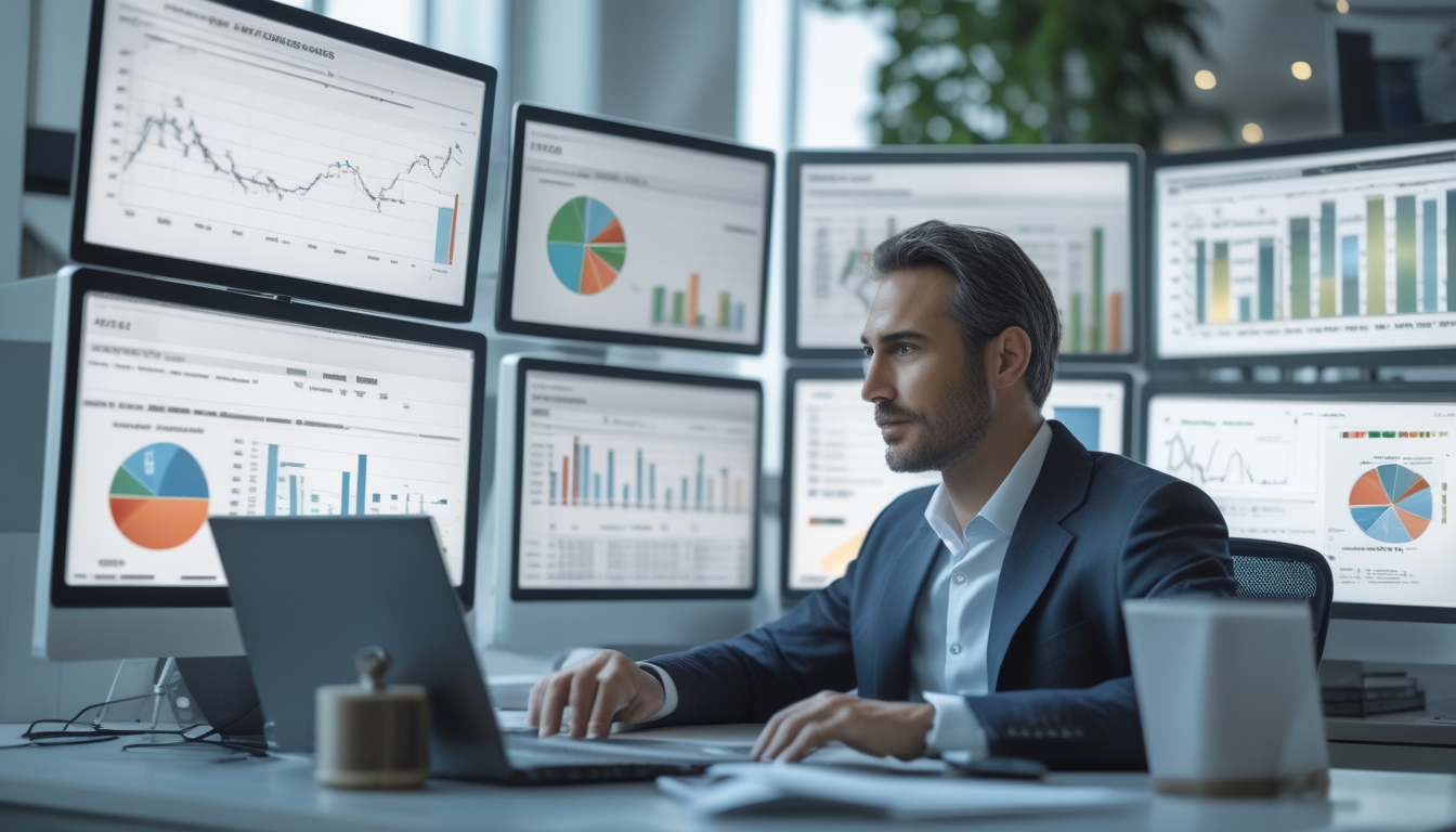 Seorang pria bisnis sedang menganalisis grafik dan data keuangan di depan beberapa layar komputer di kantor modern.