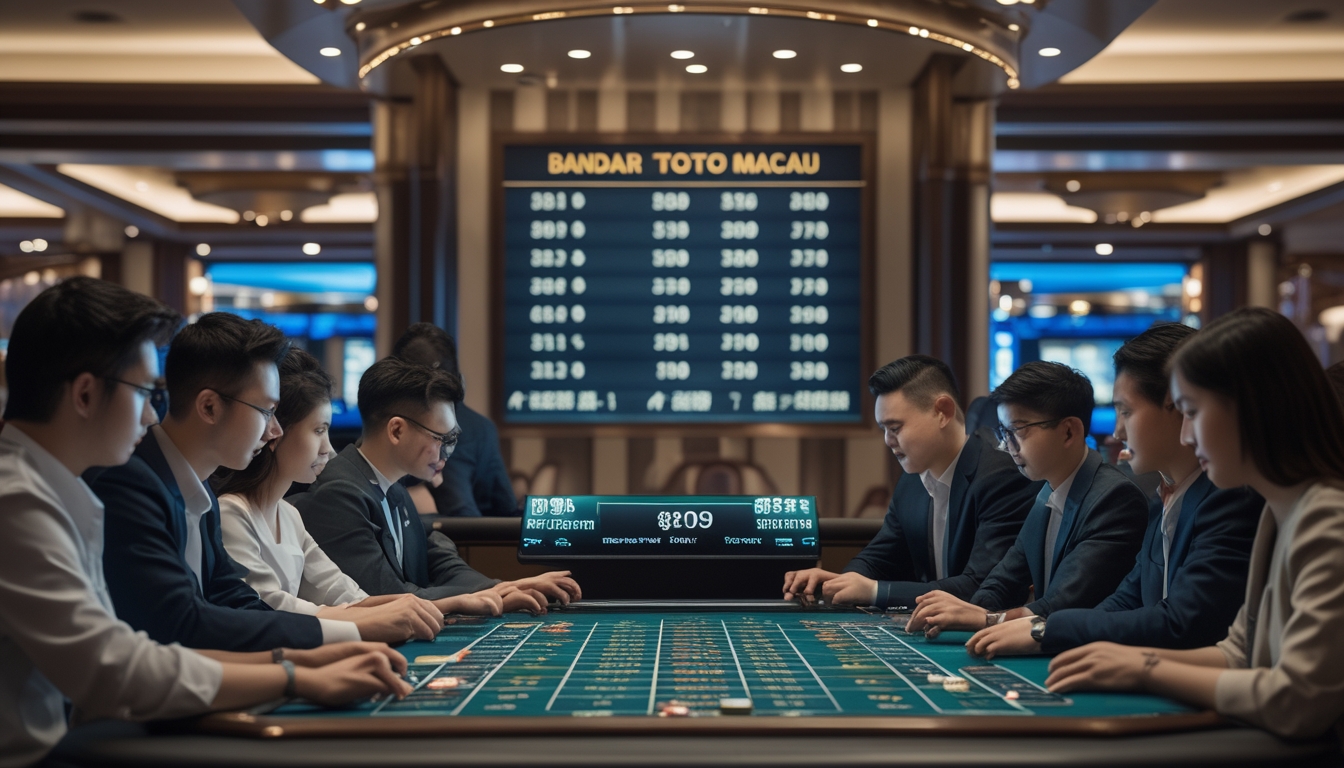 Sejumlah pemain serius sedang bermain Bandar Toto Macau di meja kasino dengan layar digital di latar belakang.
