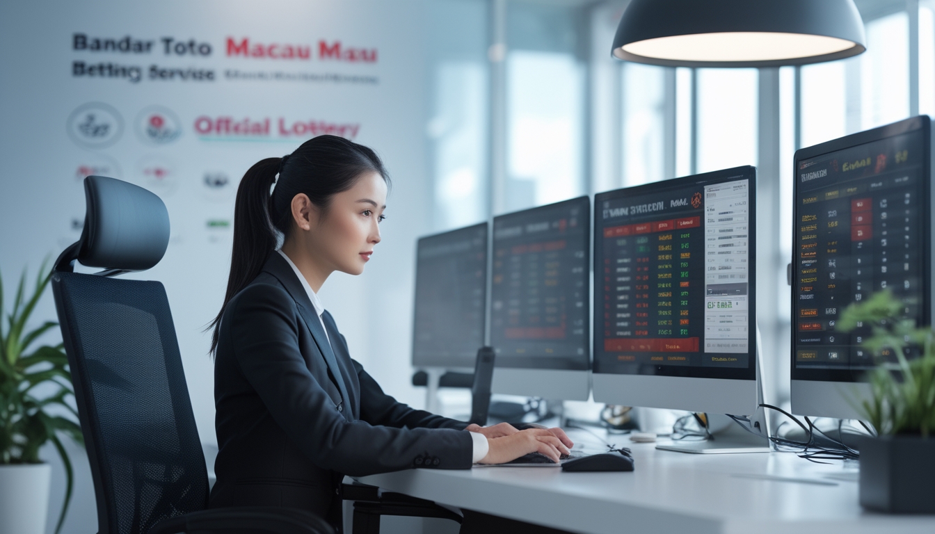 Seorang wanita profesional duduk di meja kantor dengan beberapa monitor komputer menampilkan data taruhan lotere Macau.