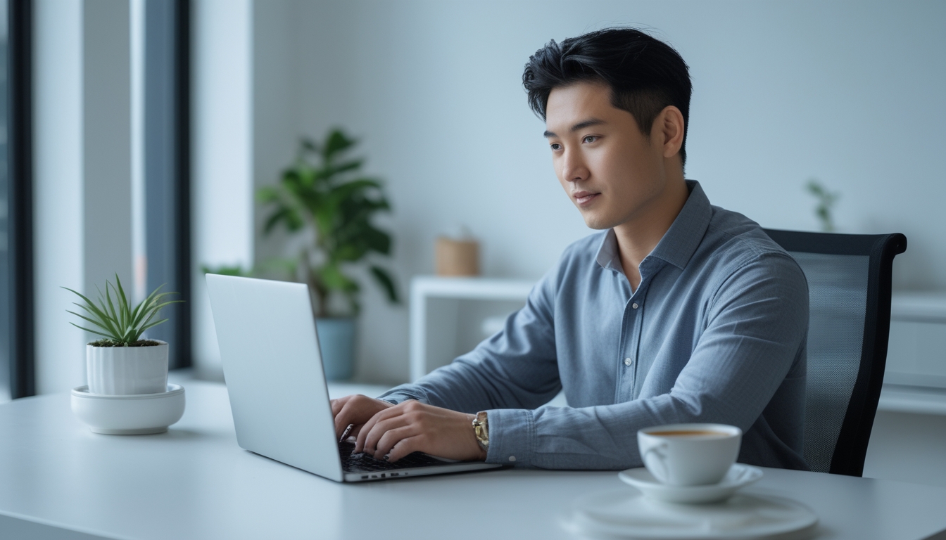 Seorang pria muda sedang menggunakan laptop di meja kerja modern dengan latar belakang ruangan yang terang dan rapi.