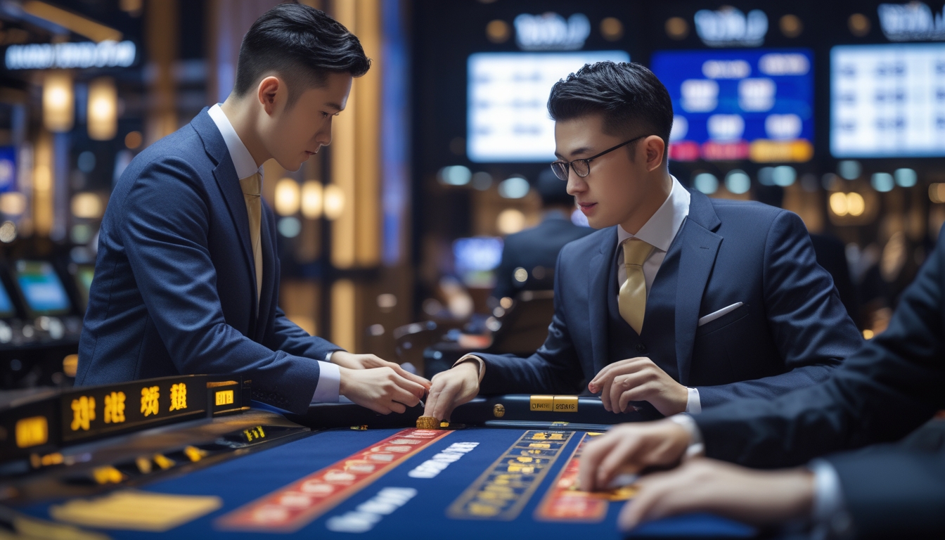 Seorang pria berjudi di meja taruhan resmi Macau Toto dengan latar belakang layar digital dan suasana kasino yang terang dan profesional.