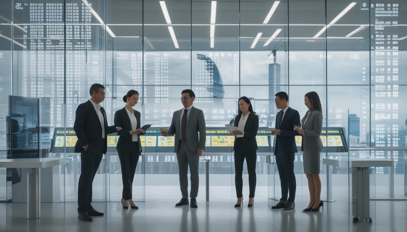 Sekelompok profesional sedang berdiskusi di kantor modern dengan layar digital menampilkan angka dan grafik lotere, dengan pemandangan kota Macau di latar belakang.
