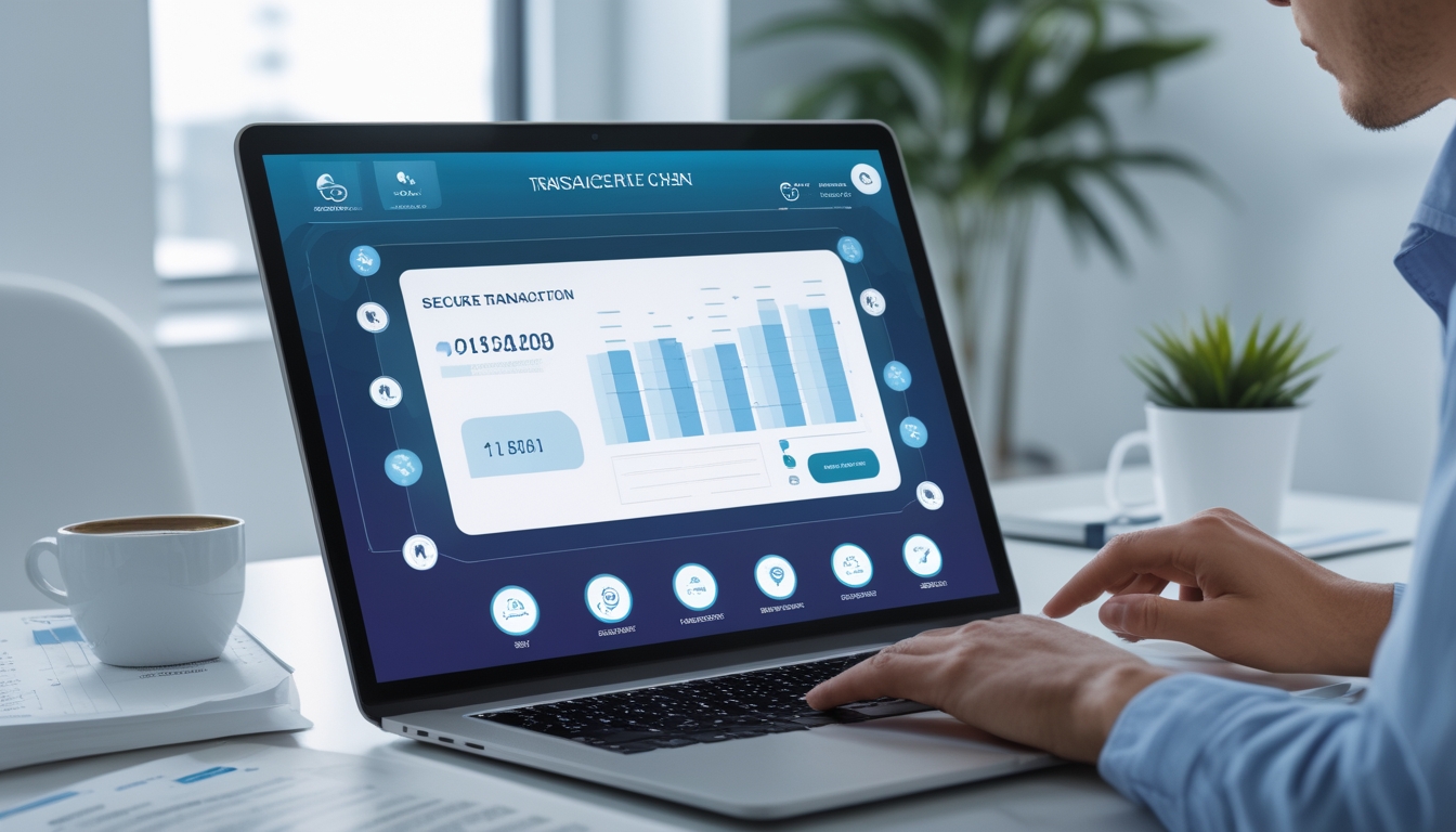 Seorang profesional menggunakan laptop di kantor dengan tampilan grafik dan ikon keamanan pada layar, menggambarkan platform togel online yang terpercaya dan transparan.