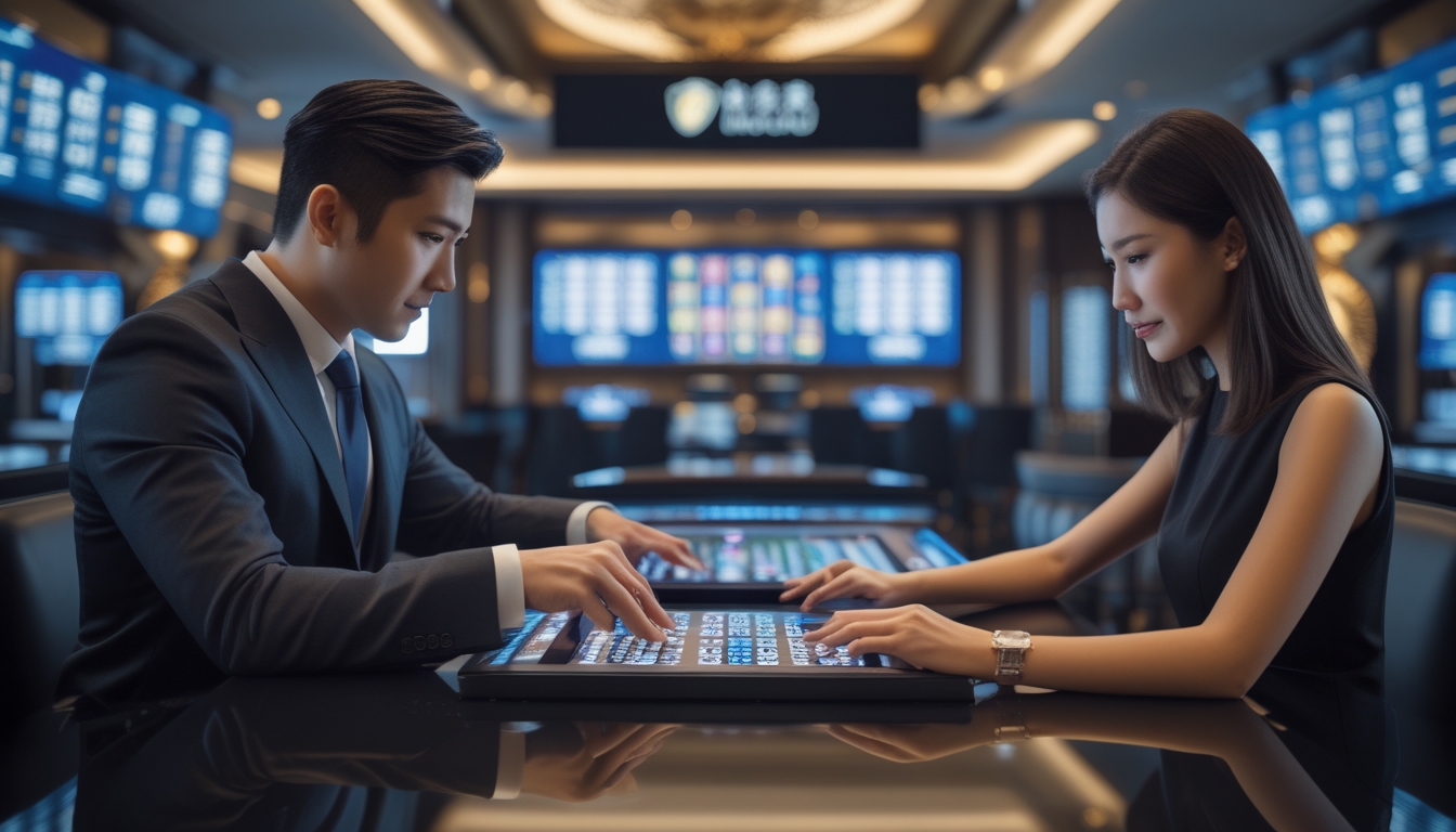Seorang pria dan wanita berpakaian rapi sedang bermain permainan taruhan digital di lingkungan kasino modern dengan layar digital dan pencahayaan hangat.