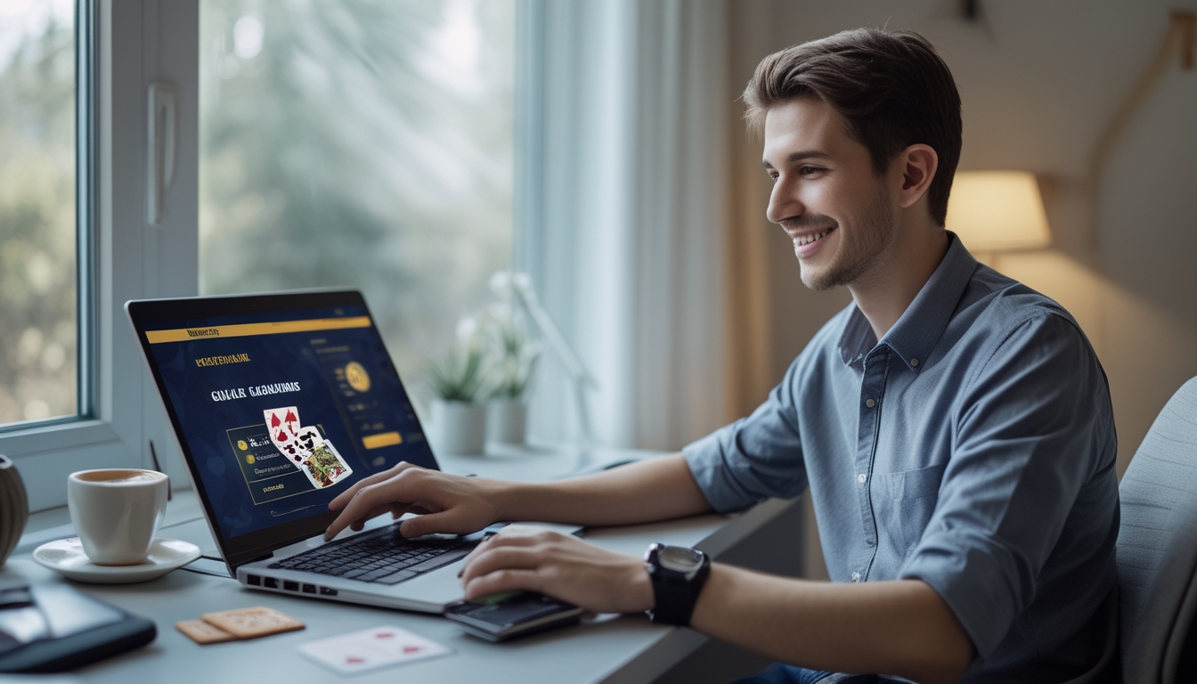 Seseorang muda sedang menggunakan laptop di meja rapi, tersenyum sambil bermain permainan judi online.