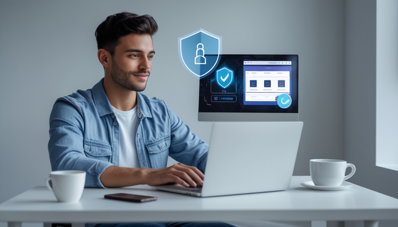 Seorang dewasa muda duduk di meja modern menggunakan laptop, terlihat fokus dan santai saat menjelajah situs judi online yang aman.