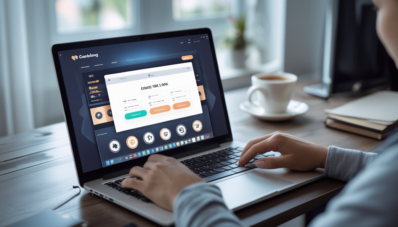 Seseorang menggunakan laptop di ruang kerja dengan antarmuka situs judi online yang mudah digunakan terlihat di layar.
