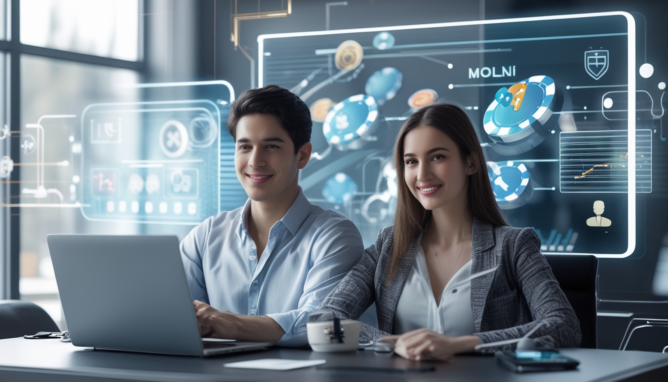 Dua orang muda duduk di meja dengan laptop dan ponsel, menunjukkan suasana nyaman dan aman dalam menggunakan platform judi online.