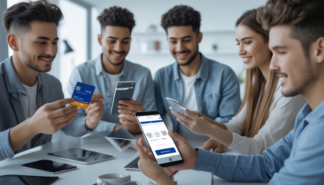 Beberapa orang muda menggunakan berbagai metode pembayaran elektronik seperti smartphone dan kartu kredit dalam suasana ruangan yang modern dan terang.