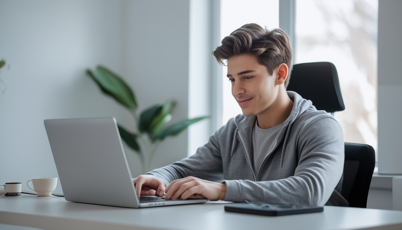 Seorang pria muda duduk di meja dengan laptop di ruang kerja rumah yang terang dan rapi, tampak fokus menggunakan situs judi online.