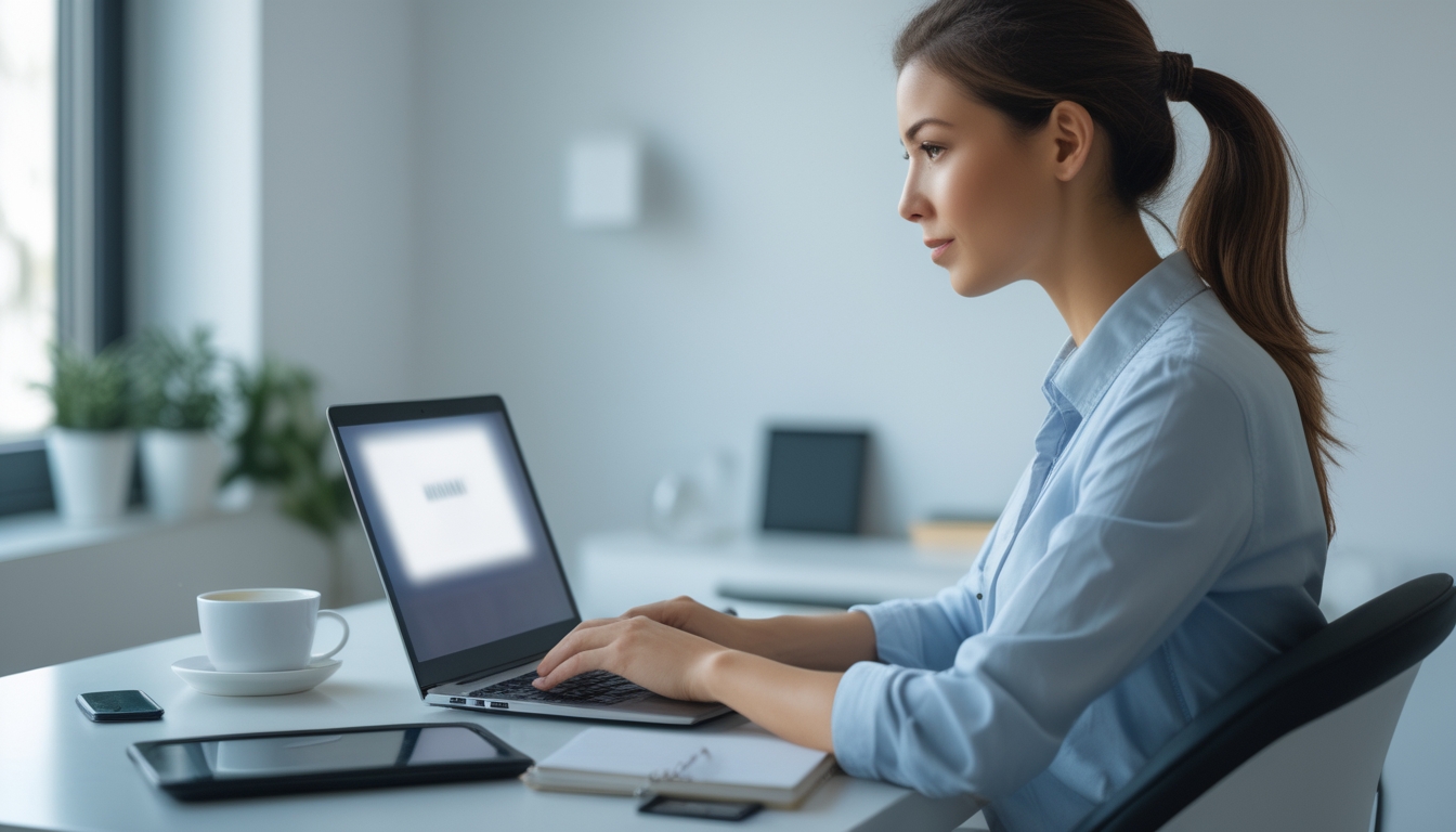 Seorang wanita muda duduk di meja dengan laptop, terlihat fokus menggunakan situs judi online, di ruangan terang dan rapi.