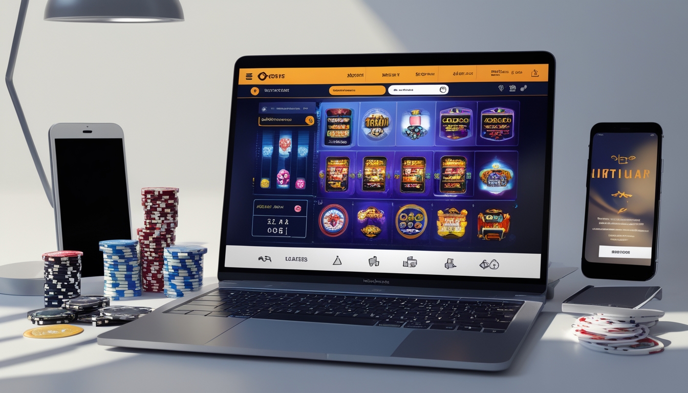 Seorang pria menggunakan laptop dengan tampilan permainan judi online di meja kerja yang rapi dan modern.