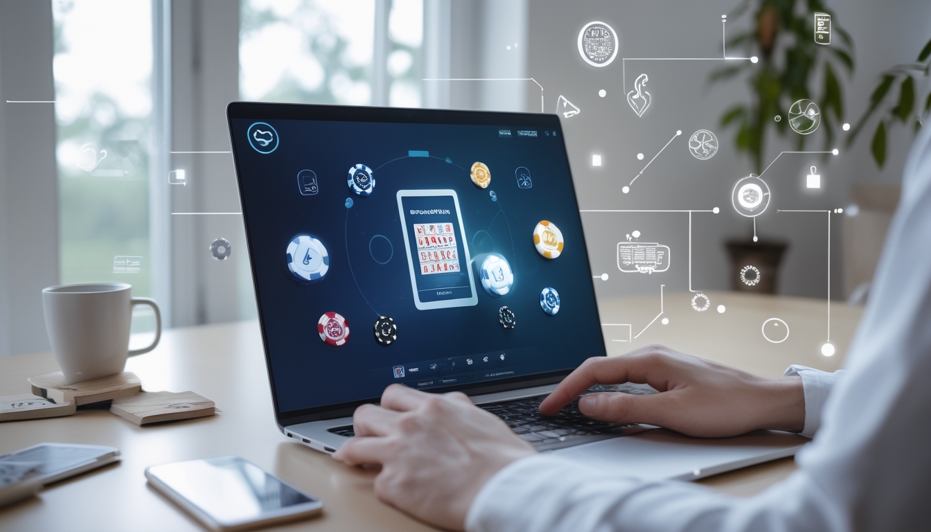 Seseorang menggunakan laptop di meja kerja yang rapi dengan tampilan platform judi online yang mudah digunakan.