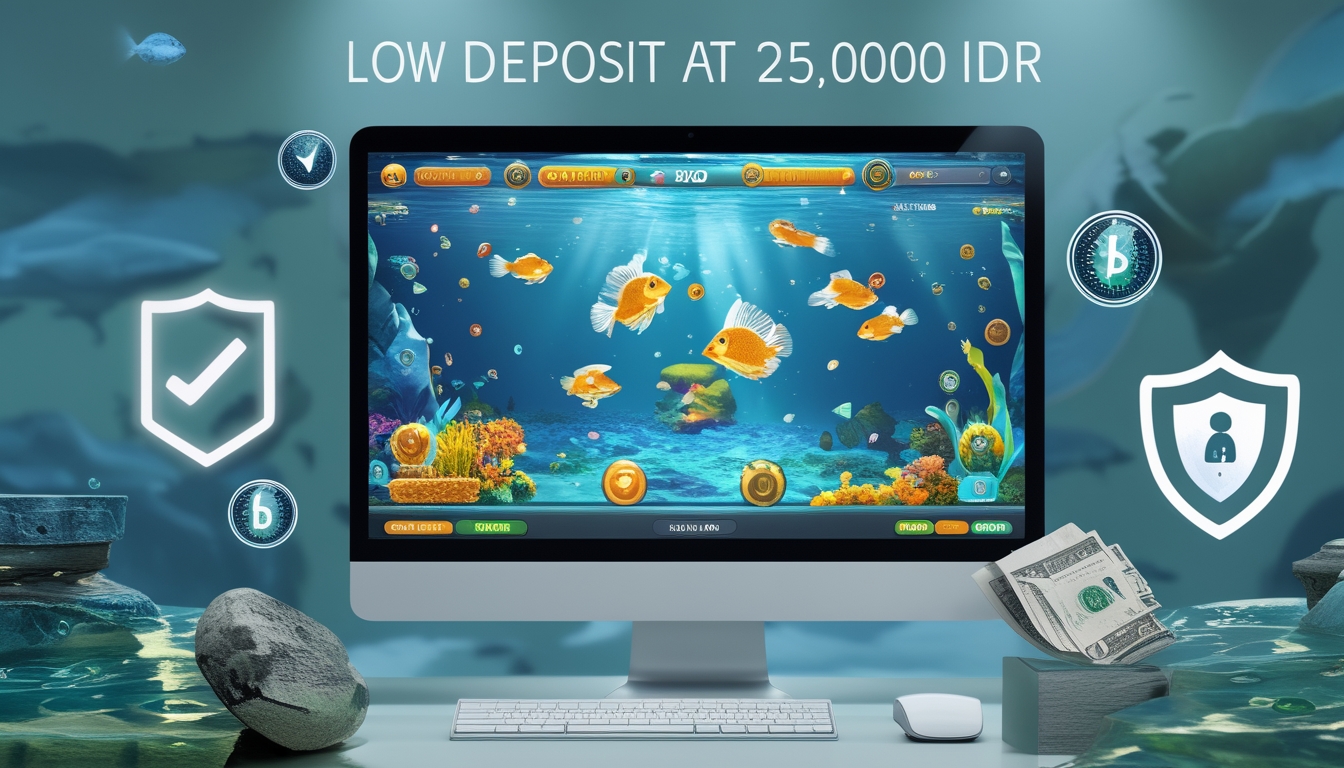 Tampilan layar perangkat digital dengan grafik permainan tembak ikan berwarna-warni dan simbol keamanan di latar belakang biru kehijauan.