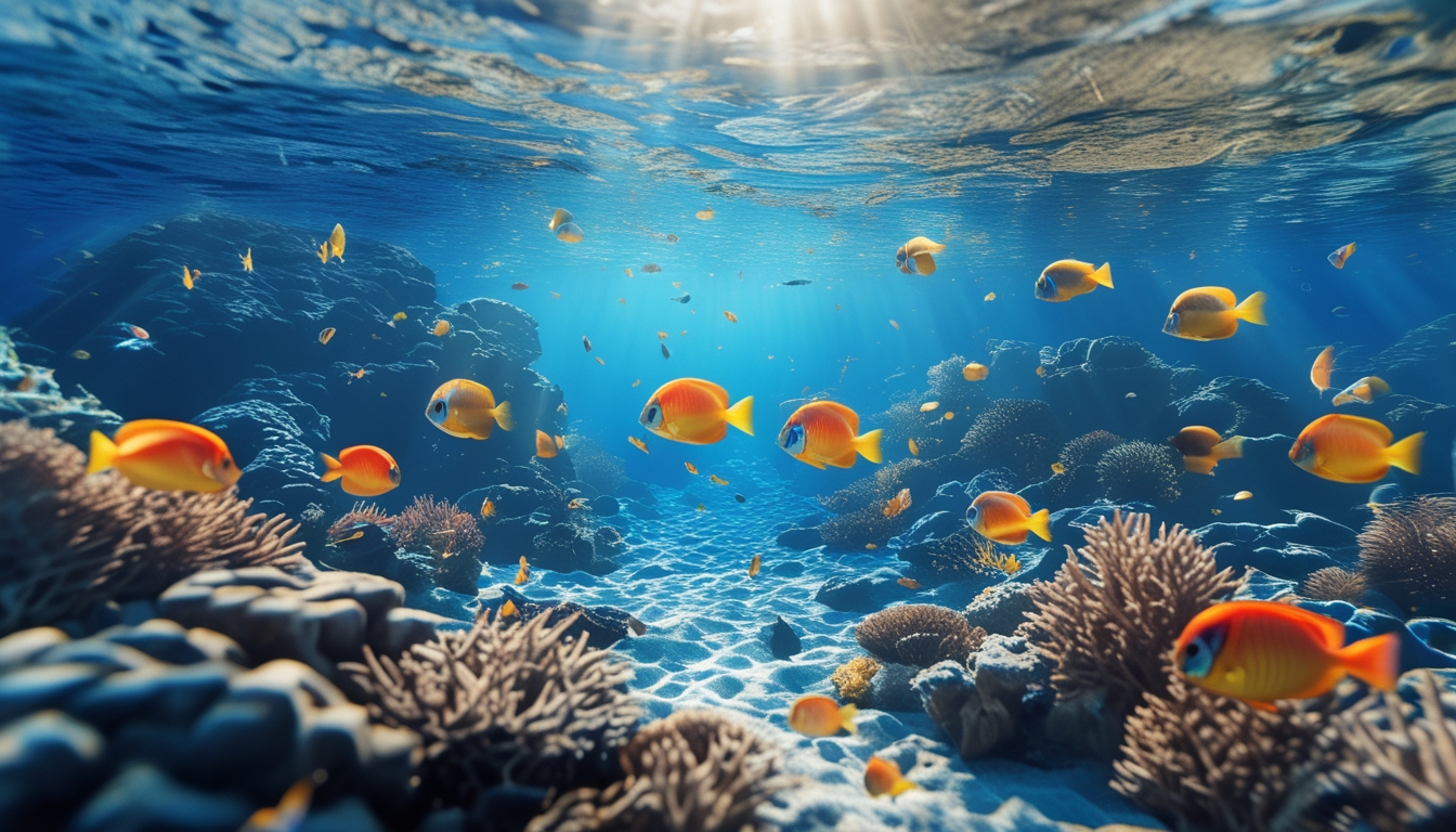 Pemandangan bawah laut dengan ikan tropis berwarna-warni berenang di sekitar terumbu karang yang diterangi cahaya matahari.