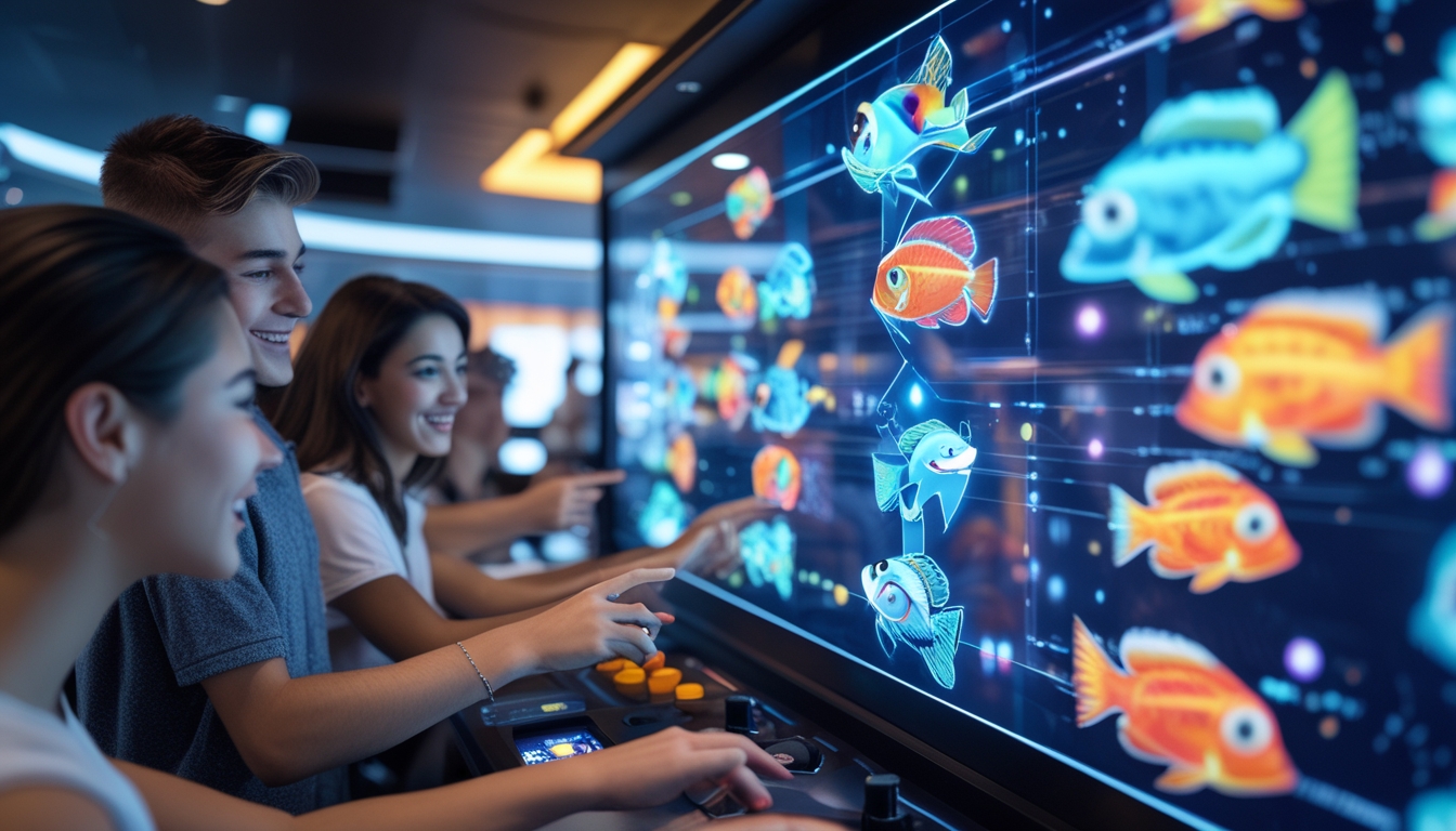 Orang-orang muda sedang bermain game tembak ikan di layar sentuh dengan latar belakang suasana lounge game modern.