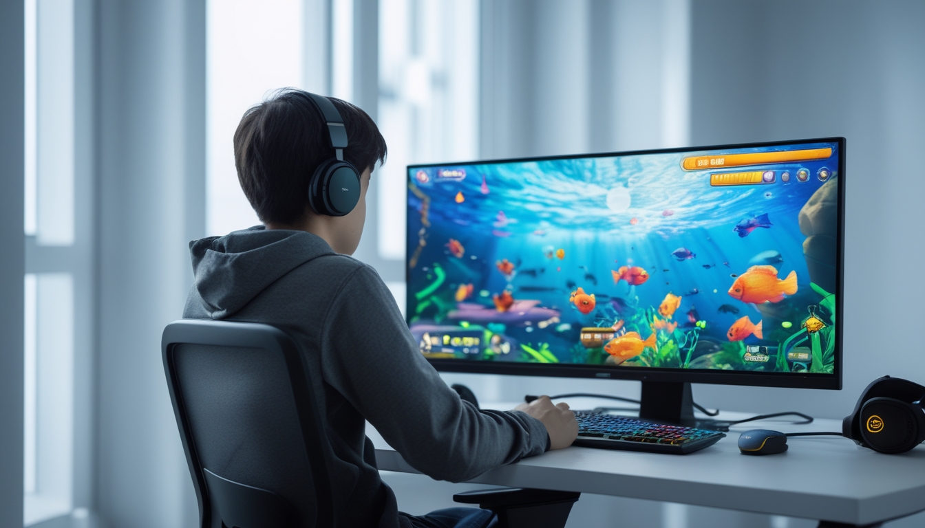Seorang pemain muda sedang bermain game tembak ikan di komputer di ruangan yang terang dan nyaman.