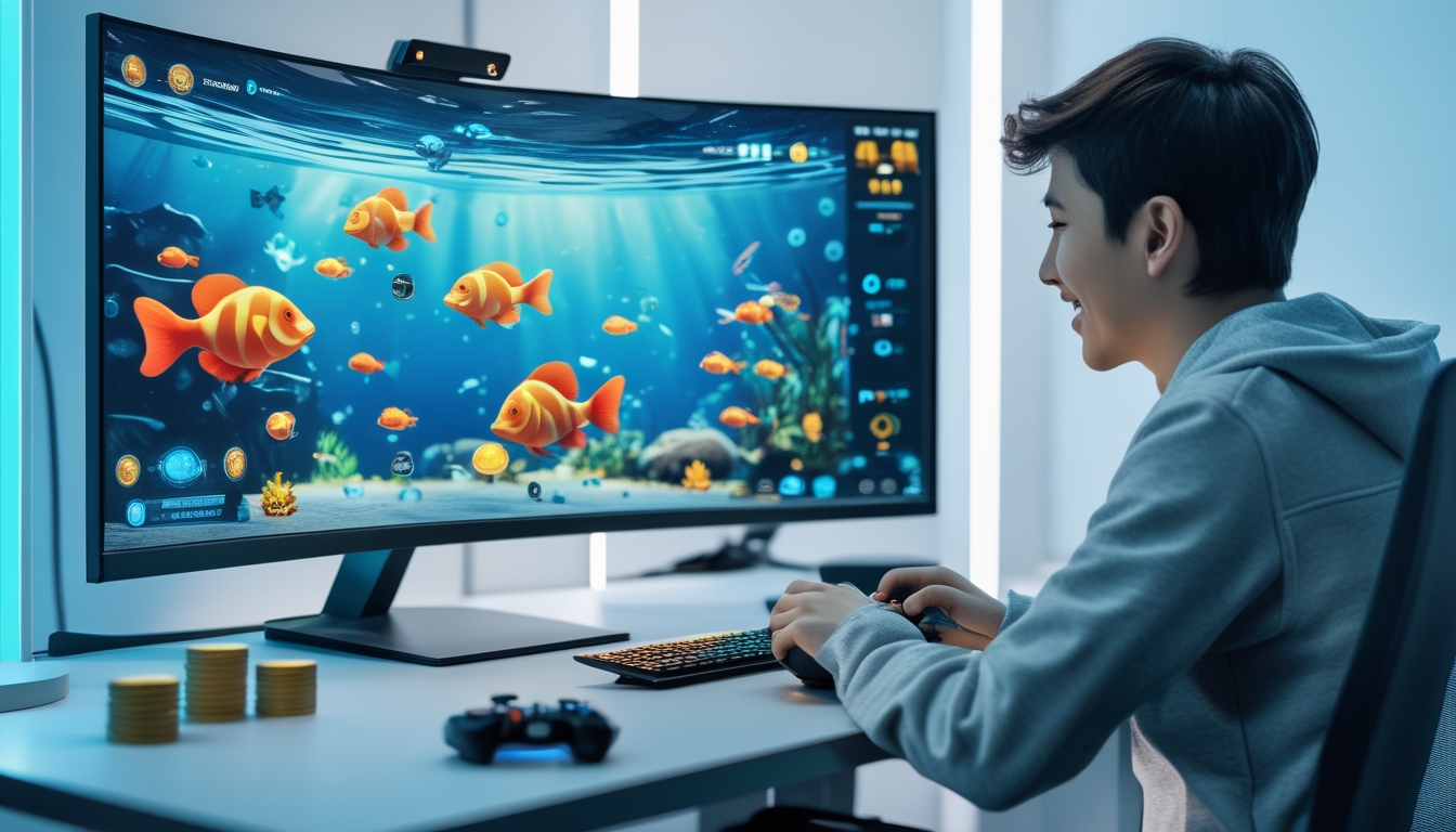 Seorang pemain muda sedang bermain game tembak ikan di depan komputer dengan layar menampilkan ikan berwarna-warni di bawah laut.