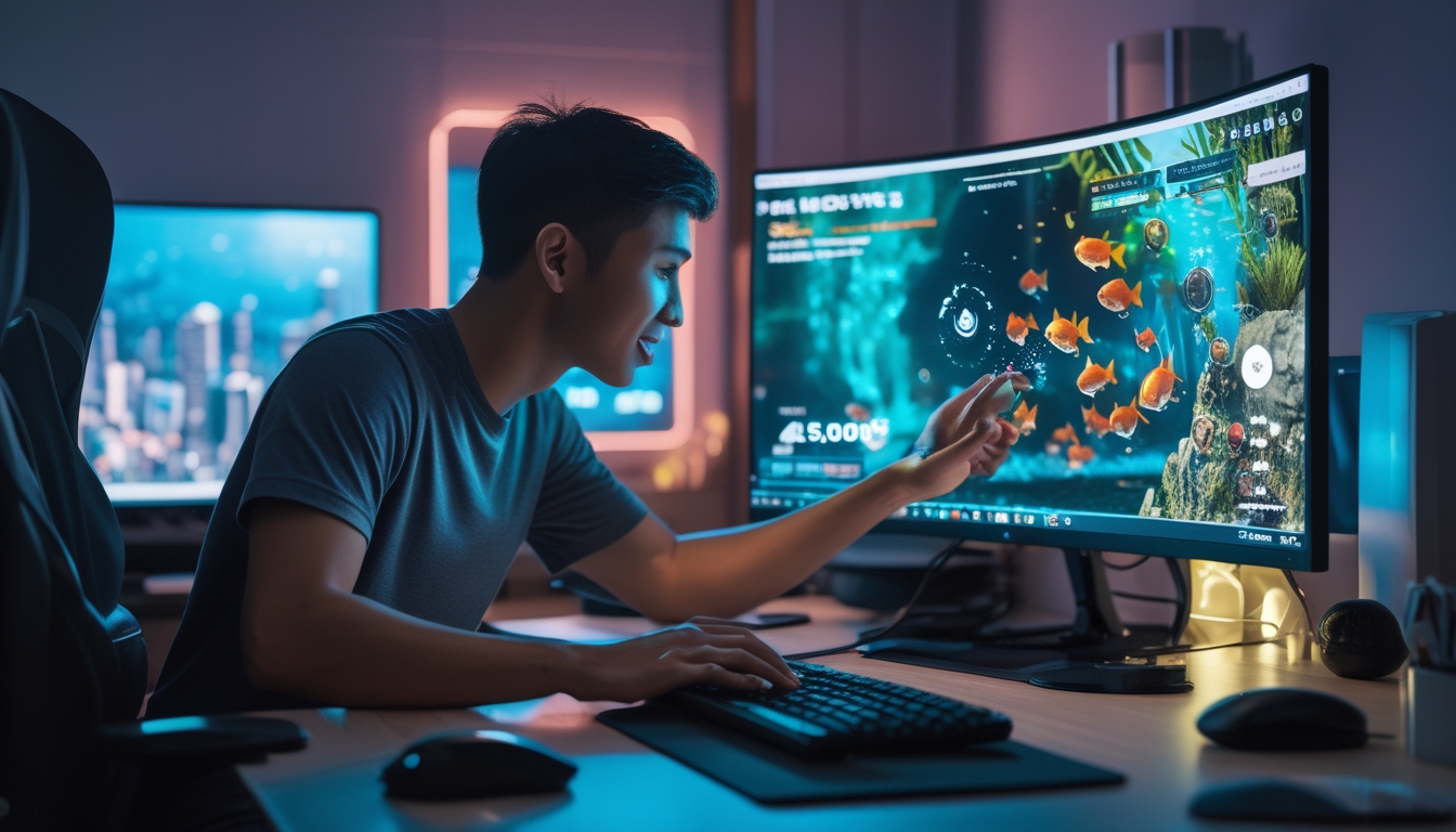 Seorang pria muda sedang bermain game tembak ikan online di komputer di ruang kerja rumah yang rapi dengan perangkat teknologi modern.
